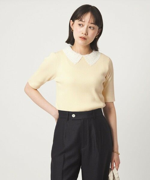 green label relaxing / グリーンレーベル リラクシング ニット・セーター | リブ エリレース 2WAY 5分袖 ニット プルオーバー（OFF WHITE）