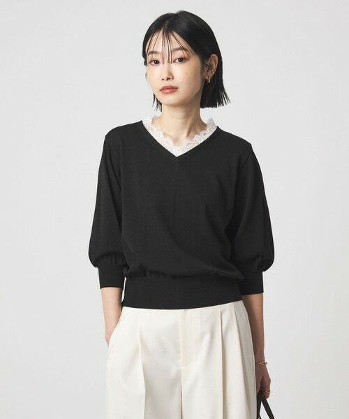 green label relaxing / グリーンレーベル リラクシング ニット・セーター | レース Vネック プルオーバー ニット（BLACK）