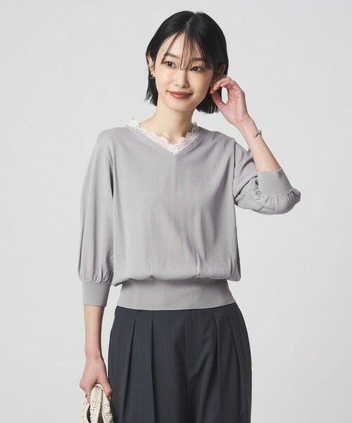 green label relaxing / グリーンレーベル リラクシング ニット・セーター | レース Vネック プルオーバー ニット（LT.GRAY）