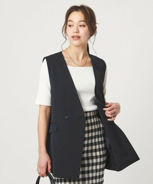 green label relaxing / グリーンレーベル リラクシング ノーカラージャケット | ［size SHORTあり］サラフール ノーラペル ジレ ストレッチ UVカット（NAVY）