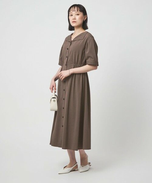 green label relaxing / グリーンレーベル リラクシング ロング・マキシ丈ワンピース | Vカラー フレア ボタン ワンピース（DK.BROWN）