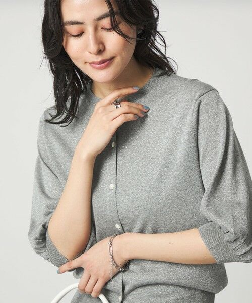 green label relaxing / グリーンレーベル リラクシング カーディガン・ボレロ | ラメ フォルム ハーフスリーブ ニット カーディガン ウォッシャブル（MD.GRAY）