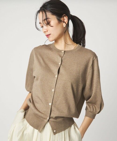green label relaxing / グリーンレーベル リラクシング カーディガン・ボレロ | ラメ フォルム ハーフスリーブ ニット カーディガン ウォッシャブル（MD.BROWN）
