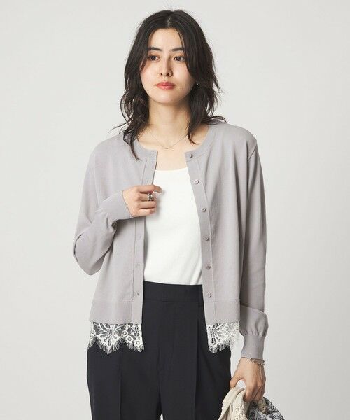 green label relaxing / グリーンレーベル リラクシング カーディガン・ボレロ | 裾レース ドッキング ニット カーディガン（LT.GRAY）