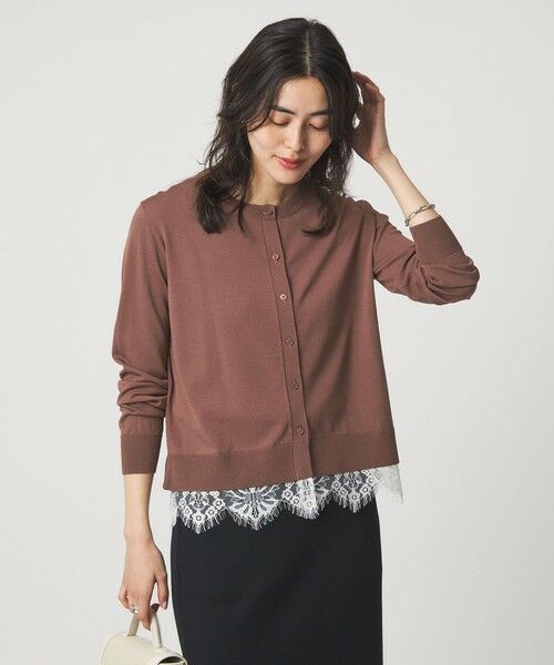 green label relaxing / グリーンレーベル リラクシング カーディガン・ボレロ | 裾レース ドッキング ニット カーディガン（MD.BROWN）