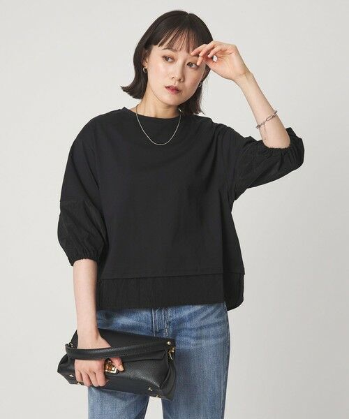 green label relaxing / グリーンレーベル リラクシング カットソー | タフタ ドッキング ボリュームスリーブ プルオーバー（BLACK）