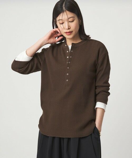 green label relaxing / グリーンレーベル リラクシング カットソー | 【WEB限定】＜at ease＞ワッフル ヘンリーネック 5分袖 カットソー（DK.BROWN）