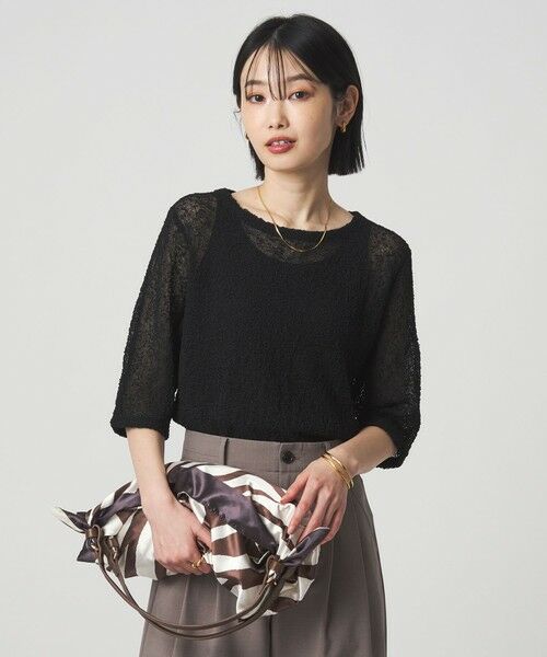 green label relaxing / グリーンレーベル リラクシング ニット・セーター | ノットヤーン ショートスリーブ プルオーバー ウォッシャブル（BLACK）