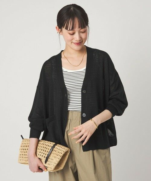 green label relaxing / グリーンレーベル リラクシング カーディガン・ボレロ | フレンチリネン Vネック カーディガン ウォッシャブル（BLACK）