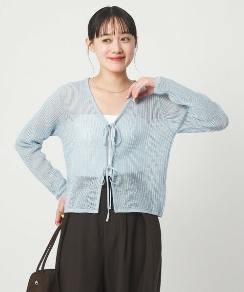 green label relaxing / グリーンレーベル リラクシング カーディガン・ボレロ | メッシュ リボン Vネック カーディガン（LT.BLUE）