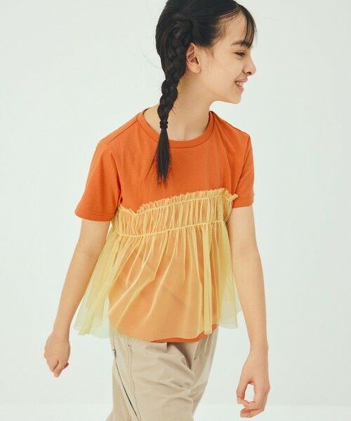 green label relaxing / グリーンレーベル リラクシング カットソー | 【スタメンシリーズ】チュールドッキング Tシャツ / キッズ  100cm-160cm UVカット 接触冷感  吸水速乾（ORANGE）