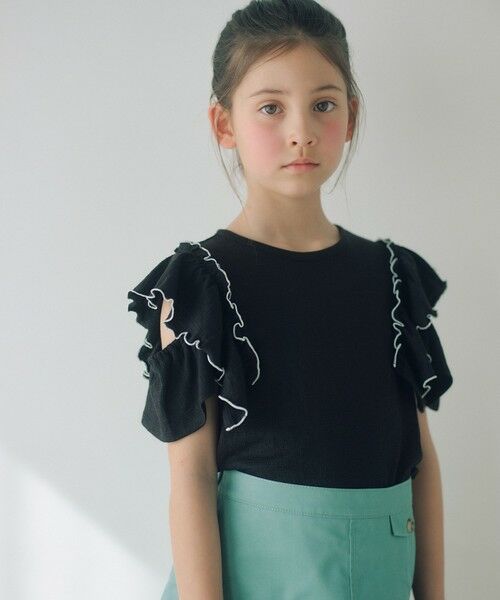 green label relaxing / グリーンレーベル リラクシング カットソー | ショルダースリット フリルTシャツ / キッズ  140cm-160cm（BLACK）