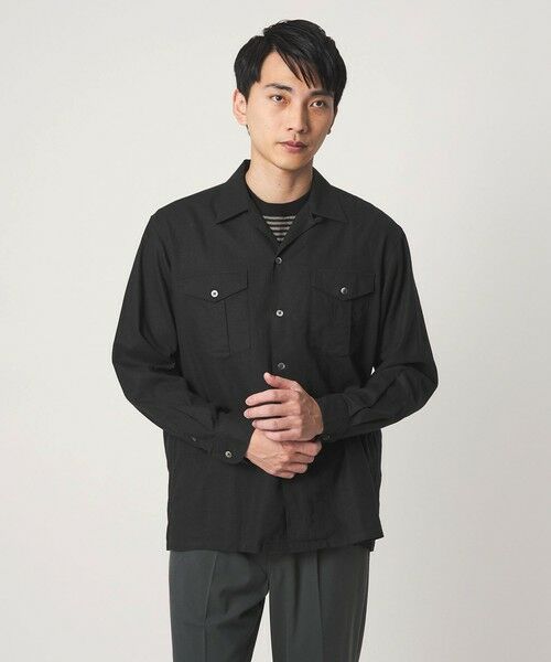 green label relaxing / グリーンレーベル リラクシング シャツ・ブラウス | レーヨン リネン フラップポケット オープンカラー シャツ（BLACK）