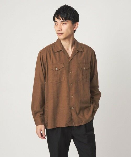 green label relaxing / グリーンレーベル リラクシング シャツ・ブラウス | レーヨン リネン フラップポケット オープンカラー シャツ（DK.BROWN）