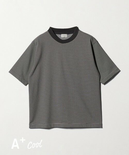green label relaxing / グリーンレーベル リラクシング Tシャツ | A+ COOL ミジンボーダー ビズ クルーネック カットソー Tシャツ -接触冷感・吸水速乾-（DK.GRAY）