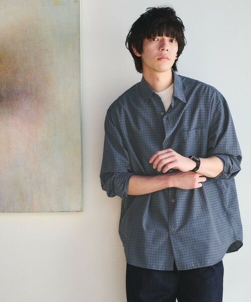 green label relaxing / グリーンレーベル リラクシング シャツ・ブラウス | ナイロン コットン チェック ジャストルーズ 長袖 シャツ（MD.GRAY）