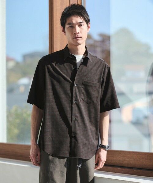 green label relaxing / グリーンレーベル リラクシング シャツ・ブラウス | ウォッシャブルトロ パターン ジャスト ルーズ 半袖 シャツ -ウォッシャブル・ストレッチ-（DK.BROWN）
