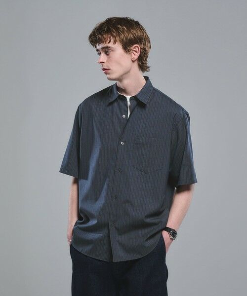 green label relaxing / グリーンレーベル リラクシング シャツ・ブラウス | ウォッシャブルトロ パターン ジャスト ルーズ 半袖 シャツ -ウォッシャブル・ストレッチ-（NAVY）