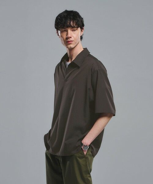 green label relaxing / グリーンレーベル リラクシング シャツ・ブラウス | ウォッシャブルトロ スキッパー 半袖 シャツ プルオーバー -ウォッシャブル・ストレッチ-（DK.BROWN）