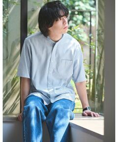 green label relaxing / グリーンレーベル リラクシング シャツ・ブラウス | W/R オックスフォード ストライプ バンドカラー 半袖 シャツ