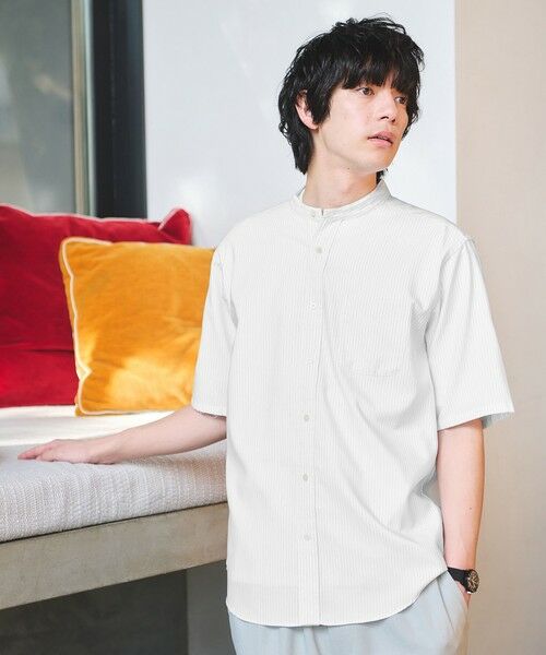 green label relaxing / グリーンレーベル リラクシング シャツ・ブラウス | W/R オックスフォード ストライプ バンドカラー 半袖 シャツ(WHITE)