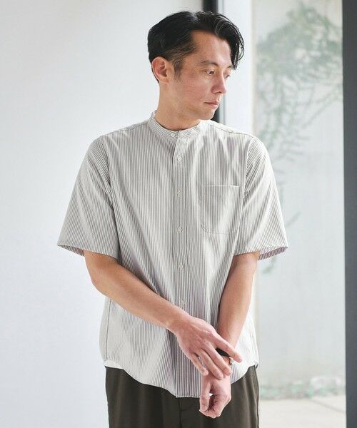 green label relaxing / グリーンレーベル リラクシング シャツ・ブラウス | W/R オックスフォード ストライプ バンドカラー 半袖 シャツ(DK.BROWN)