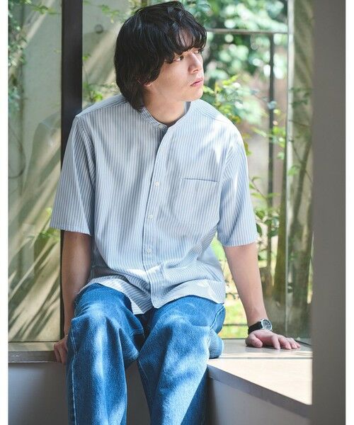 green label relaxing / グリーンレーベル リラクシング シャツ・ブラウス | W/R オックスフォード ストライプ バンドカラー 半袖 シャツ(LT.BLUE)