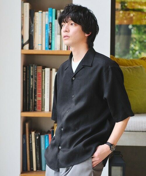 green label relaxing / グリーンレーベル リラクシング シャツ・ブラウス | リネン ポプリン オープンカラー 半袖 シャツ（BLACK）
