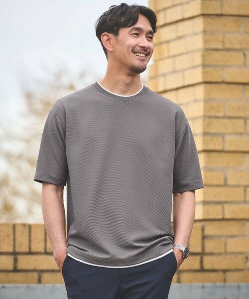 green label relaxing / グリーンレーベル リラクシング Tシャツ | 【WEB限定】JUST fit フェイクレイヤード Tシャツ カットソー -吸水速乾・抗菌-（DK.GRAY）