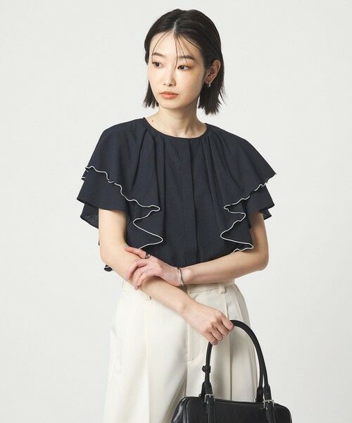 green label relaxing / グリーンレーベル リラクシング シャツ・ブラウス | Breeze Cool  ラッフル ブラウス マシンウォッシャブル 吸水速乾 通気性 UVカット（NAVY）