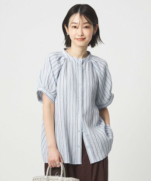 green label relaxing / グリーンレーベル リラクシング シャツ・ブラウス | スタンド ストライプ ブラウス（LT.BLUE）