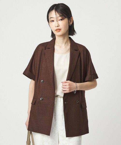 green label relaxing / グリーンレーベル リラクシング テーラードジャケット | ［size SHORTあり］ライト リネンライク ハーフスリーブ ジャケット UVカット 通気性（DK.BROWN）