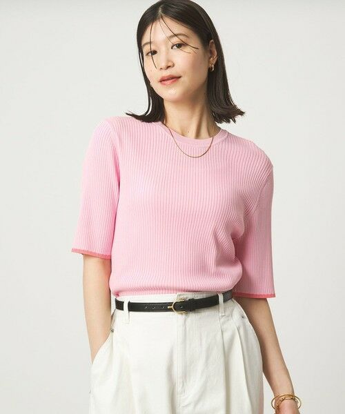 green label relaxing / グリーンレーベル リラクシング ニット・セーター | 【WEB限定】＜at ease＞ソデサキ バイカラー 5分袖 プルオーバー ニット（LT.PINK）