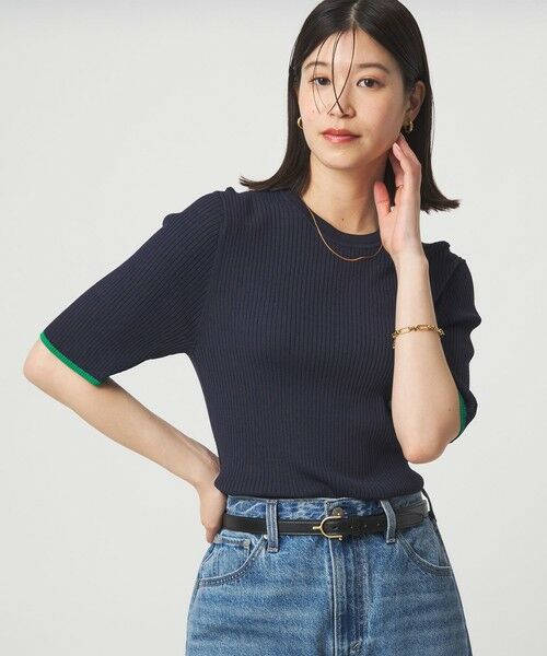 green label relaxing / グリーンレーベル リラクシング ニット・セーター | 【WEB限定】＜at ease＞ソデサキ バイカラー 5分袖 プルオーバー ニット（NAVY）