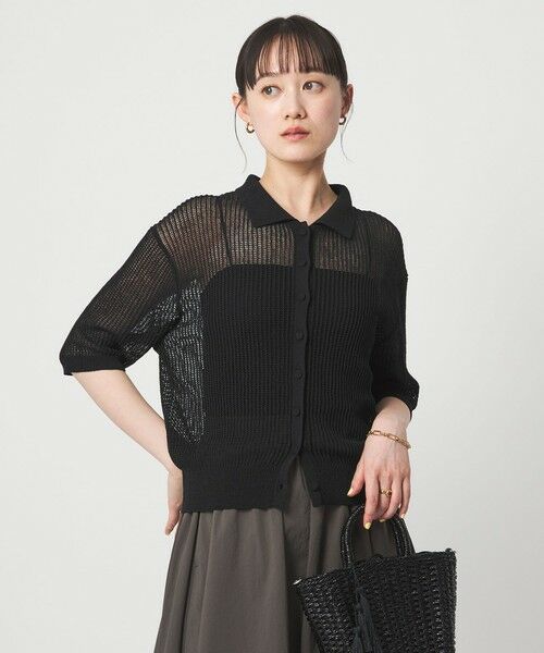 green label relaxing / グリーンレーベル リラクシング カーディガン・ボレロ | メッシュ ポロカーディガン ニット ウォッシャブル（BLACK）