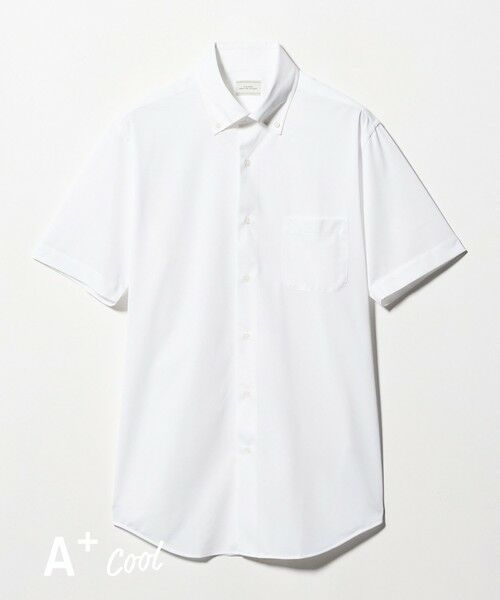 green label relaxing / グリーンレーベル リラクシング シャツ・ブラウス | A+ COOL Pトリコット シャドーストライプ スタンダード ボタンダウン 半袖 ドレスシャツ -ストレッチ・イージーアイロン・接触冷感・吸水速乾-（WHITE）