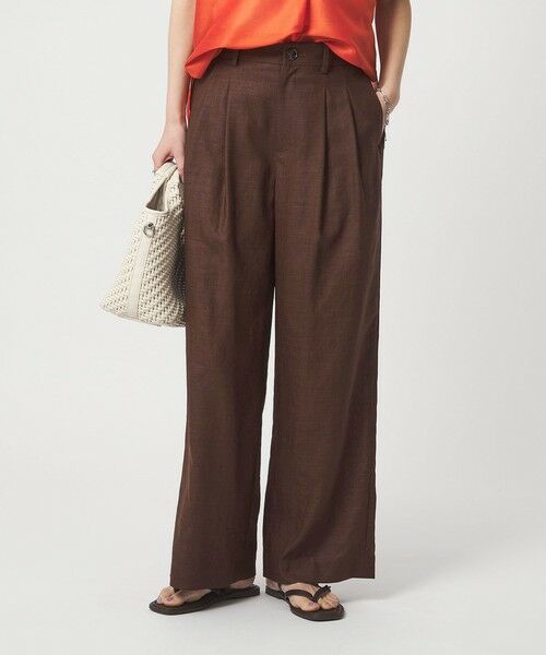 green label relaxing / グリーンレーベル リラクシング スラックス・ドレスパンツ | ［size SHORT/TALLあり］ライト リネンライク タック ワイドパンツ UVカット 通気性（DK.BROWN）