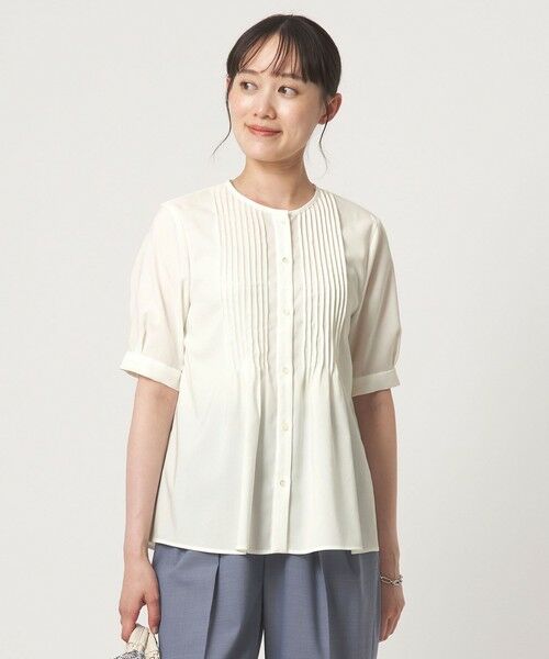 green label relaxing / グリーンレーベル リラクシング シャツ・ブラウス | ピンタック 5分袖 ブラウス（WHITE）