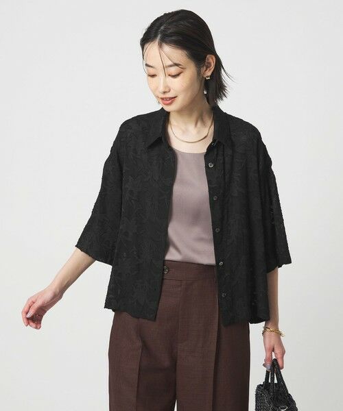 green label relaxing / グリーンレーベル リラクシング シャツ・ブラウス | カット ジャガード ショートスリーブ シャツ（BLACK）