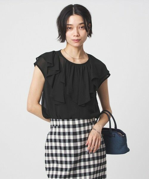 green label relaxing / グリーンレーベル リラクシング シャツ・ブラウス | アシンメトリー フリル フレンチスリーブ ブラウス（BLACK）