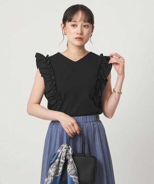 green label relaxing / グリーンレーベル リラクシング ニット・セーター | フリルドッキング ノースリーブ ニット ウォッシャブル（BLACK）
