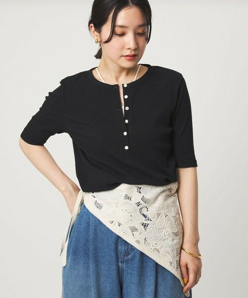 green label relaxing / グリーンレーベル リラクシング カットソー | 【WEB限定】＜at ease＞シアーテレコ ヘンリーネック ショートスリーブ カットソー（BLACK）
