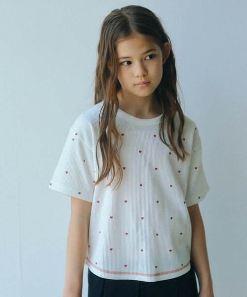 green label relaxing / グリーンレーベル リラクシング カットソー | ハート柄 ドライ ワッフル Tシャツ / キッズ 110cm-160cm(OFF WHITE)