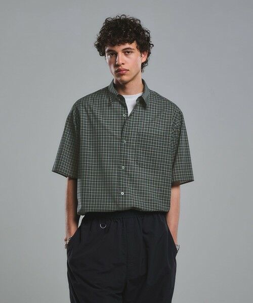 green label relaxing / グリーンレーベル リラクシング シャツ・ブラウス | ウォッシャブル TW サイロ ジャストルーズ チェック柄 半袖 シャツ -通気性・接触冷感-(MD.GRAY)