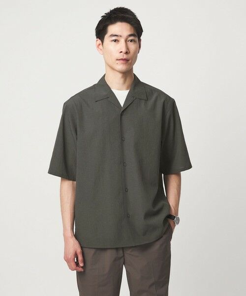 green label relaxing / グリーンレーベル リラクシング シャツ・ブラウス | ボイル メッシュ オープンカラー 半袖 シャツ -吸水速乾-（DK.GRAY）