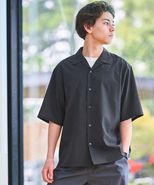 green label relaxing / グリーンレーベル リラクシング シャツ・ブラウス | ボイル メッシュ オープンカラー 半袖 シャツ -吸水速乾-（NAVY）