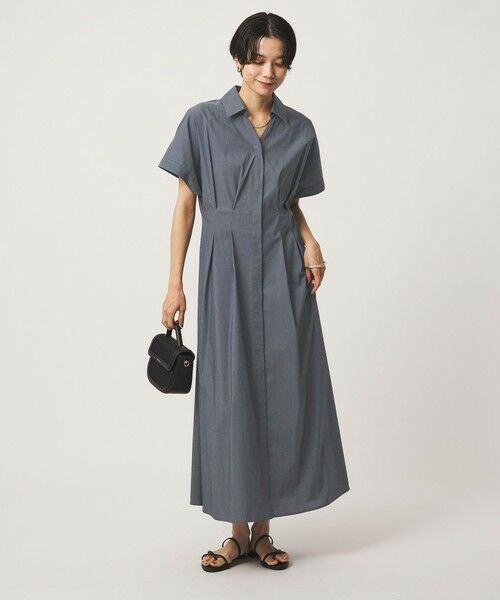 green label relaxing / グリーンレーベル リラクシング ロング・マキシ丈ワンピース | ［size SHORTあり］シャツ襟 フィット＆フレア タック ショートスリーブ ワンピース（COBALT）