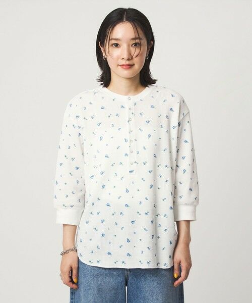 green label relaxing / グリーンレーベル リラクシング カットソー | 【WEB限定】＜at ease＞ワッフル ヘンリーネック  フラワープリント 5分袖 カットソー | 詳細4
