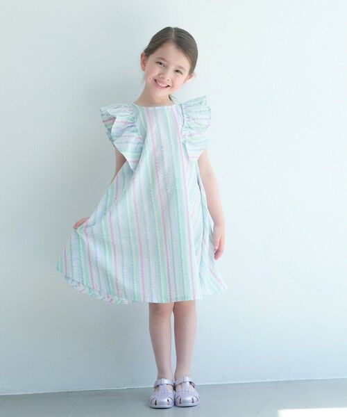green label relaxing / グリーンレーベル リラクシング ロング・マキシ丈ワンピース | ストライプ ラッフル ワンピース / キッズ 100cm-130cm(LT.BLUE)