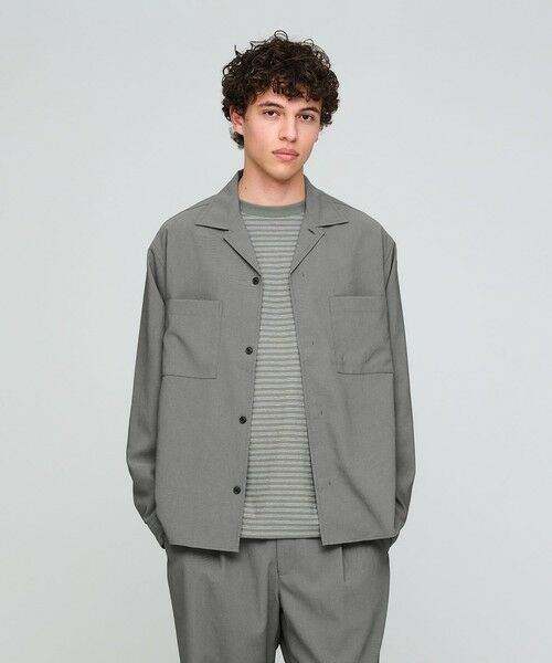 green label relaxing / グリーンレーベル リラクシング シャツ・ブラウス | SHIELDRY フライフロント 長袖 オープンカラー シャツ -伸縮性・UVカット・遮熱-（MD.GRAY）